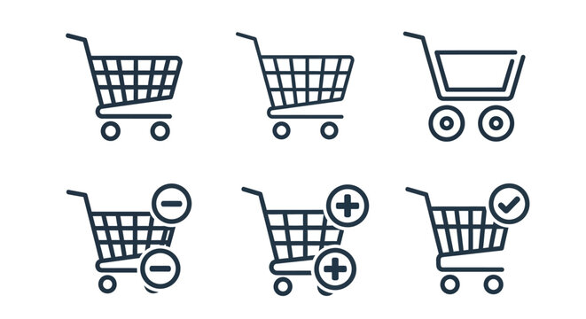 Shopping cart icons, e-commerce symbols, checkout signs, black line illustrations, 6 pcs