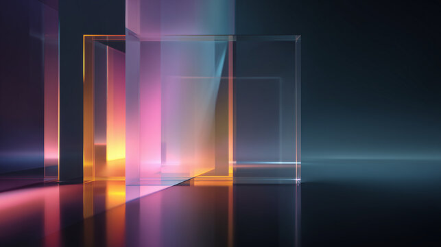 Abstract 3D transparent glass frames with luminous architectural composition