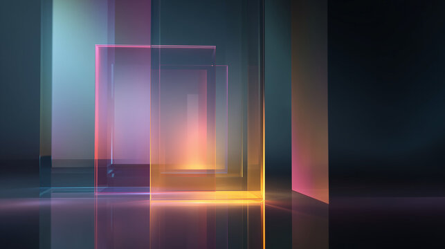Framed 3D transparent glass rectangles with radiant layered depth