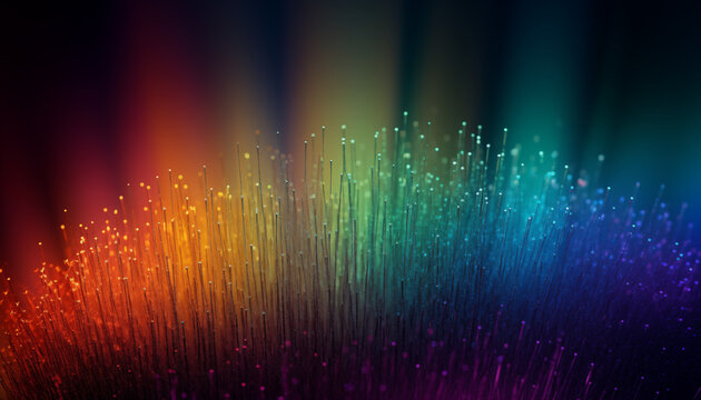 Glowing optical fibers with colorful spectrum light background