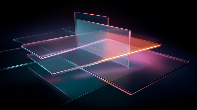 Layered 3D transparent glass sheets with glowing geometric composition