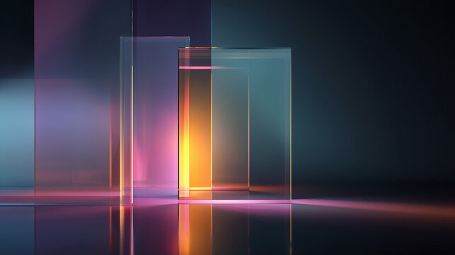 Minimalist 3D transparent glass panels with colorful illuminated reflections