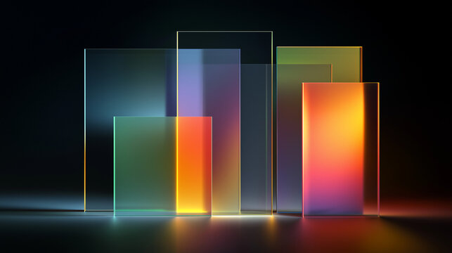 Colorful 3D transparent glass rectangles with illuminated geometric arrangement