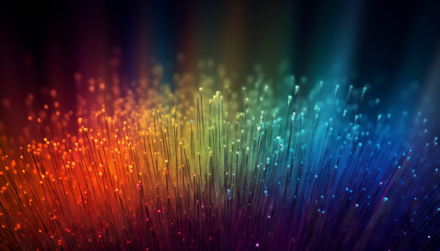 Colorful fiber optic strands with glowing rainbow light gradient