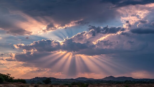 Dramatic sunset with sun rays breaking through clouds over a desert landscape.