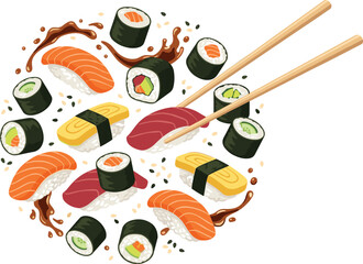 Japanese sushi set circle arrangement with chopsticks, salmon nigiri tuna maki rolls soy sauce splash vector illustration © Momin