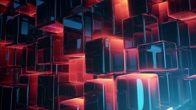 3D glass voxel architecture illuminated by red and cyan neon light