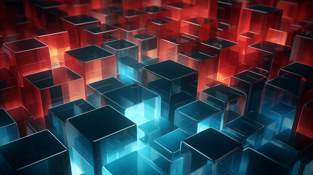Transparent cubic grid illuminated by cyan and red neon lights in 3D