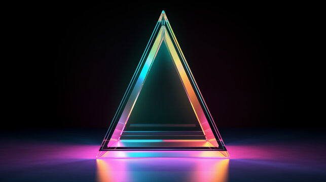 Glowing glass triangle with iridescent neon reflections 3D render
