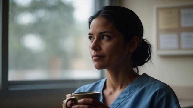 Hispanic Latina Nurse Health Care Worker Drinking Morning Coffee in Scrubs Shaking Head
