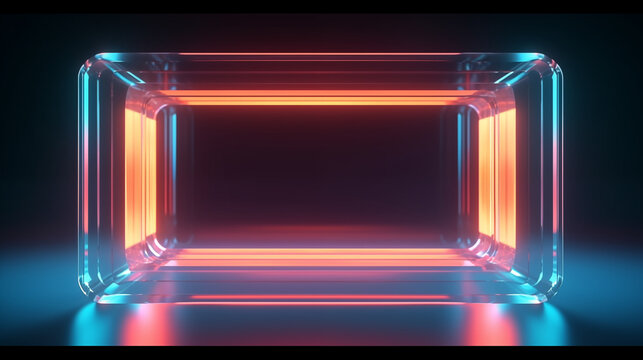 Glowing glass tunnel with illuminated neon frame 3D render