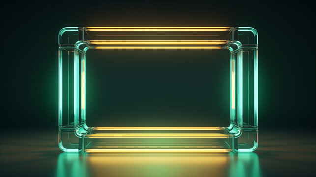 3D illuminated glass frame with glowing neon border on dark background