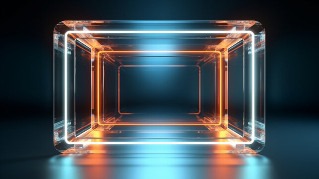 3D futuristic glowing glass portal with illuminated rectangular neon frame