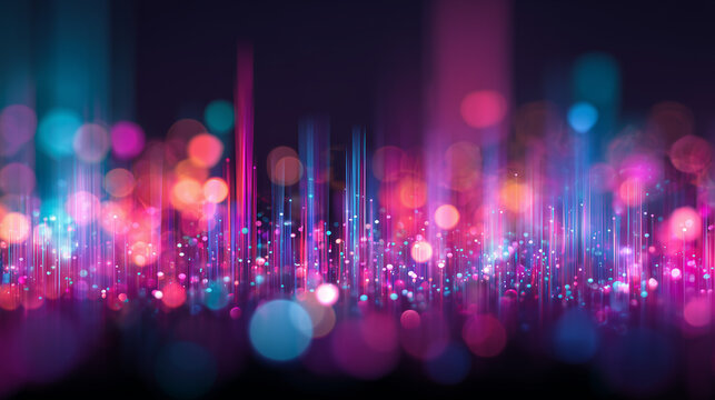 Glowing bokeh particles with colorful vertical light beams on dark background