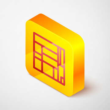 Isometric line House Edificio Mirador icon isolated on grey background. Mirador social housing by MVRDV architects in Madrid, Spain. Yellow square button. Vector