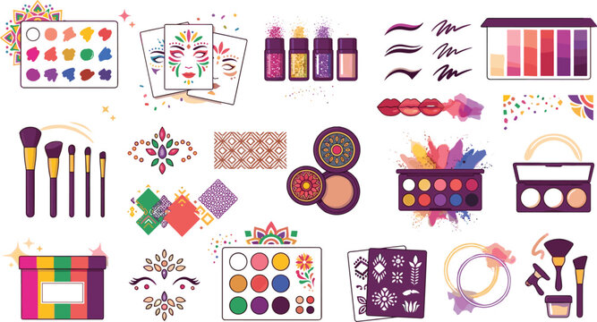 Vibrant Festival Face Painting And Creative Cosmetics Artistry Icon Set
