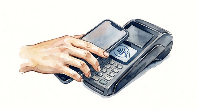 Contactless payment illustration featuring a hand using a smartphone to complete a transaction on a digital card reader terminal in a modern watercolor style