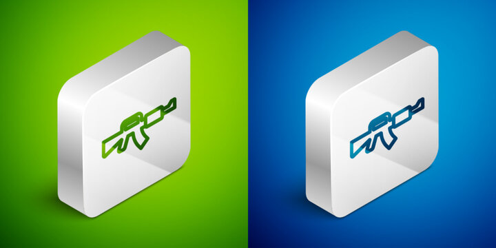 Isometric line M16A1 rifle icon isolated on green and blue background. US Army M16 rifle. Silver square button. Vector