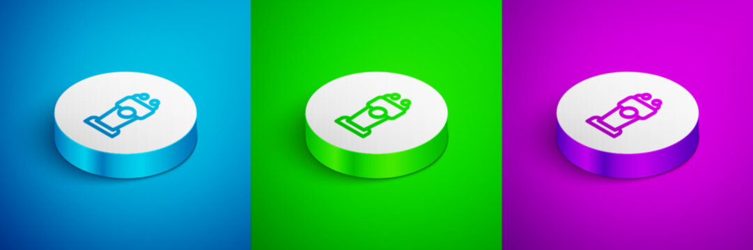 Isometric line Stage stand or debate podium rostrum icon isolated on blue, green and purple background. Conference speech tribune. White circle button. Vector