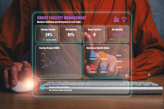 Futuristic interface showcasing smart facility management with real-time data on energy, occupancy, and air quality.