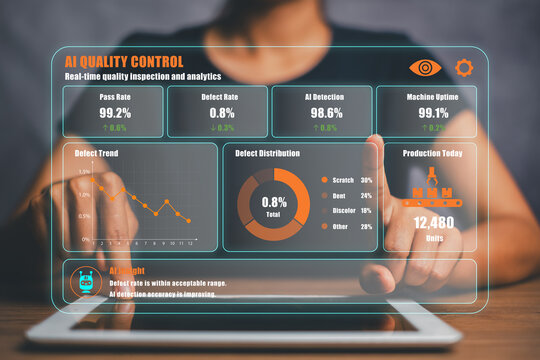 Futuristic AI-driven quality control interface showcasing real-time data analytics for efficient manufacturing processes.