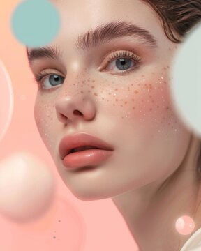 Close-up portrait of a young woman with freckles and soft pink makeup, featuring blue eyes and full lips