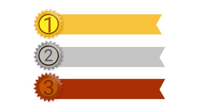 Graphic award ribbons for first, second, and third place extending horizontally animation on a clean white background.
