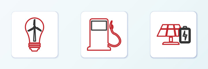 Set line Solar energy panel and battery, Light bulb with wind turbine and Petrol or Gas station icon. Vector © vector_v
