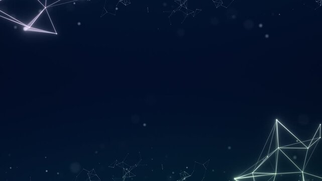 Deep blue negative space framed by glowing geometric network nodes, ideal for clean corporate presentation backdrops and widescreen data visualization title cards.

