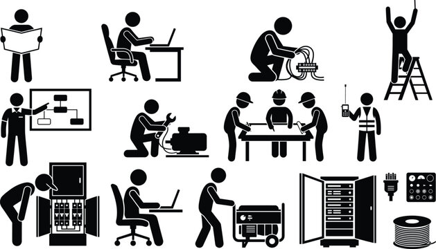 Technical engineer stick figure vector icon sheet with data server rack generator breaker console and office desk worker symbols