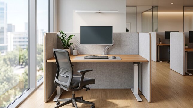 A minimalist corporate workstation near a large window with a wood-topped adjustable desk, an ergonomic black chair, a blank monitor, and acoustic privacy panels