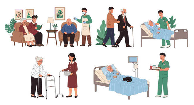 Elderly care, healthcare, medical vector illustrations, nursing home, caregiver support