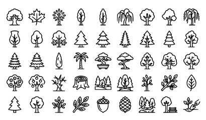 Tree and Forest Editable Stroke Thin Line Vector Icon Set with Deciduous and Coniferous Trees © MDSabbir
