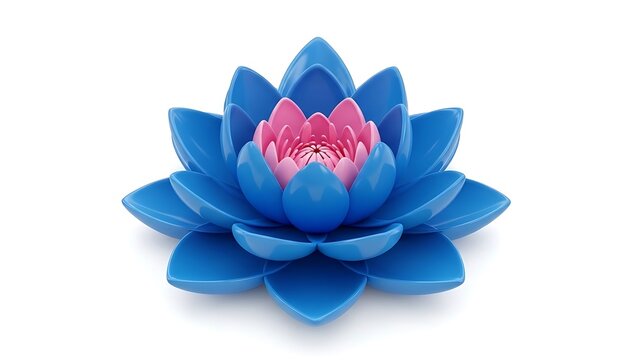 Stylized blue lotus flower with pink center, glossy 3D water lily blossom on white background, vibrant floral zen symbol for spa and wellness branding