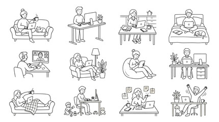 Obraz premium Remote Work and Work from Home Line Art Collection with People Using Laptops in Different Home Office Situations