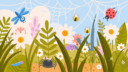 Floral ornament featuring insects and plants a colorful vector illustration for springtime themes beetle bug caterpillar damselfly dragonfly © Fulmala