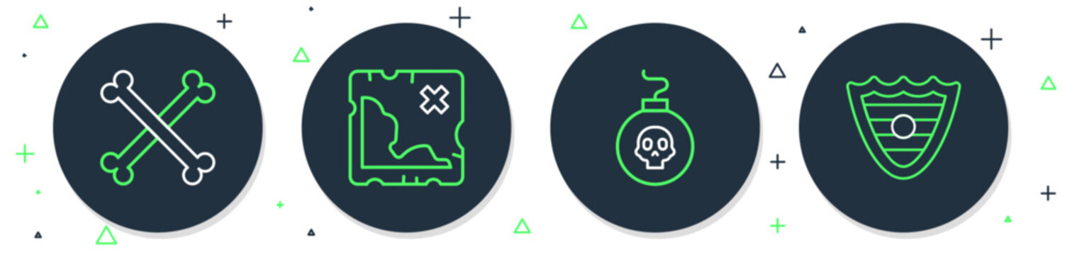Set line Pirate treasure map, Bomb ready to explode, Crossed human bones and Shield icon. Vector