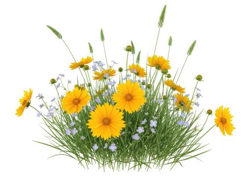 Beautiful Wildflower Bouquet with Yellow Coreopsis and Blue Flowers Isolated on White Background for Floral Design