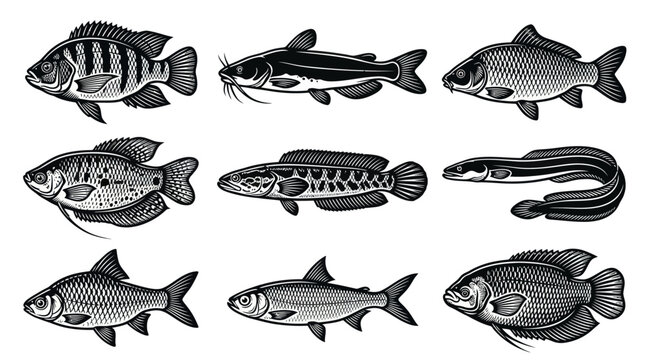 A monochrome flat vector icon set of 9 detailed freshwater fish species including tilapia, catfish, carp, gourami, snakehead, eel, barb fish, silver fish, and giant gourami, realistic anatomy