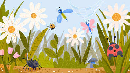 A colorful vector illustration depicting a dragonfly ladybug and bees among flowers and foliage bee bug bugs cartoon © Fulmala