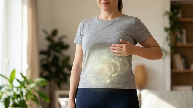 Pregnant woman hand on glowing stomach gut health abdomen at home maternity happiness future baby expectation peaceful glow in casual light