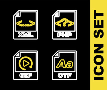 Set line PHP file document, OTF, GIF and XML icon. Vector