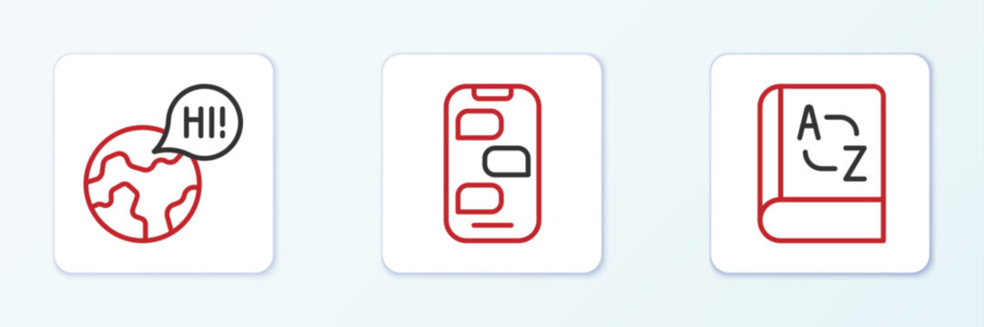Set line Translator book, Learning foreign languages and New chat messages notification icon. Vector