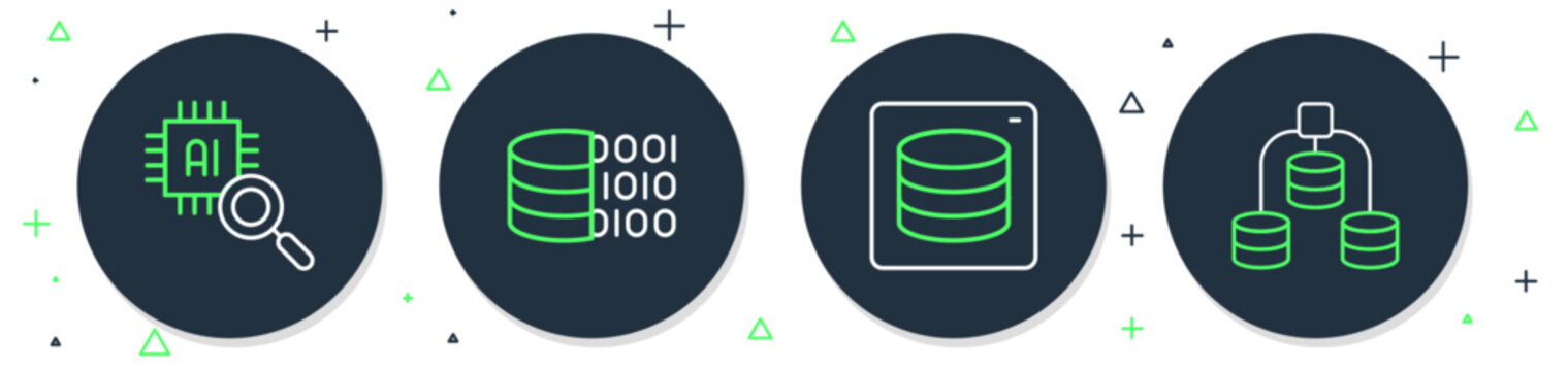 Set line Binary code, Server, Data, Processor CPU and icon. Vector