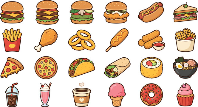 Cute Flat Vector Fast Food Icon Collection with Burger Pizza Sushi Taco Ramen Donut Fries Milkshake for Restaurant App UI Menu Sticker Design
