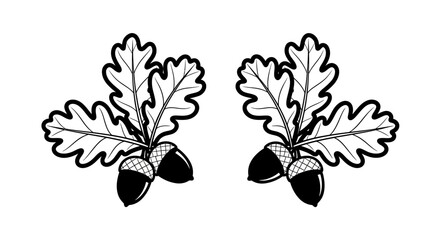 Oak leaf, acorn icons, black and white, vector graphics, botanical illustrations, leafy elements © HUANG