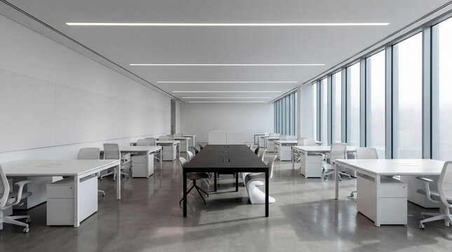 Open plan office workspace with central conference table and floor to ceiling windows