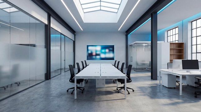 Collaborative office workspace with presentation screen and glass meeting rooms