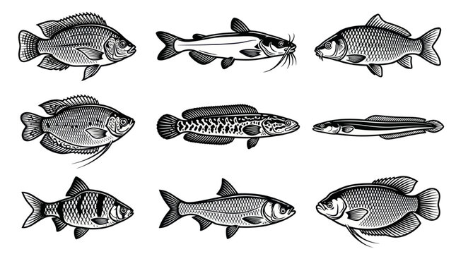 A monochrome flat vector icon set of 9 detailed freshwater fish species including tilapia, catfish, carp, gourami, snakehead, eel, barb fish, silver fish, and giant gourami, realistic anatomy