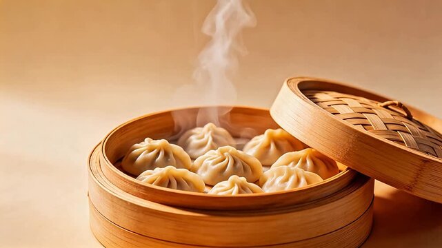 Steaming dumplings in bamboo steamer